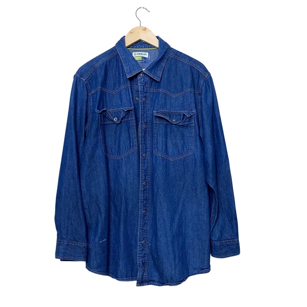 Magellan Outdoors Mens Blue Denim Western Snap Long Sleeve Shirt Loose Fit L